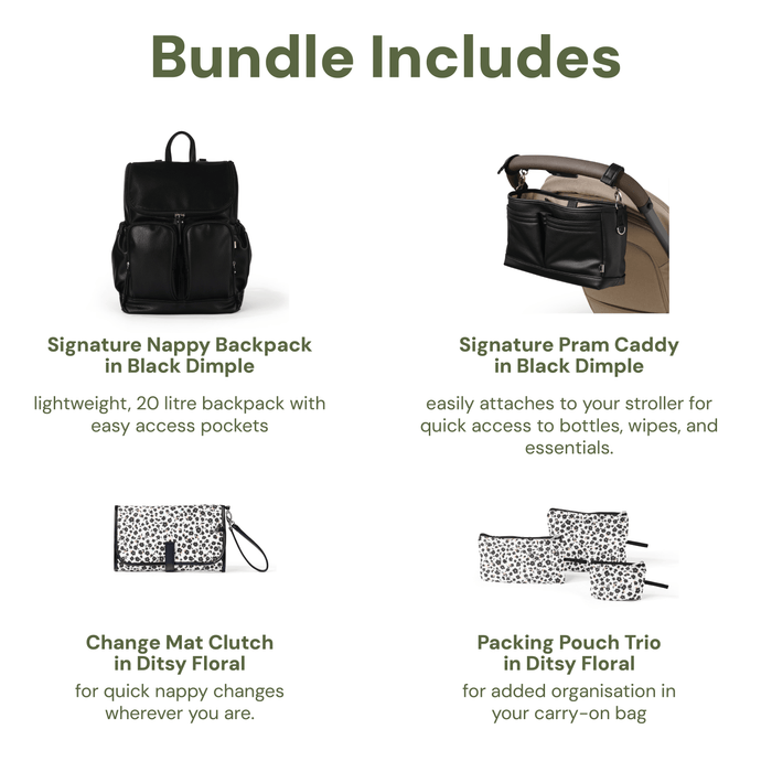 First Time Parent Nappy Bag Bundle - Black Dimple & Ditsy Floral