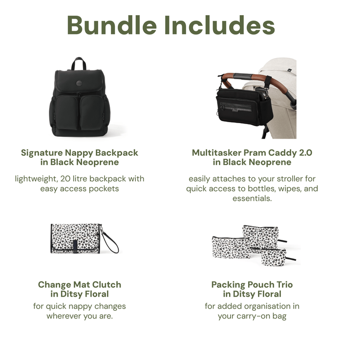 First Time Parent Nappy Bag Bundle - Black Neoprene & Ditsy Floral