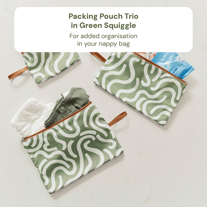 First Time Parent Nappy Bag Bundle -  Tan & Green Squiggle (PRE-ORDER FOR MAY DELIVERY)