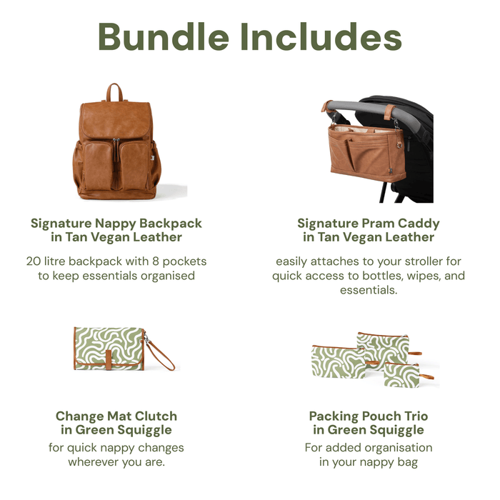 First Time Parent Nappy Bag Bundle -  Tan & Green Squiggle (PRE-ORDER FOR MAY DELIVERY)