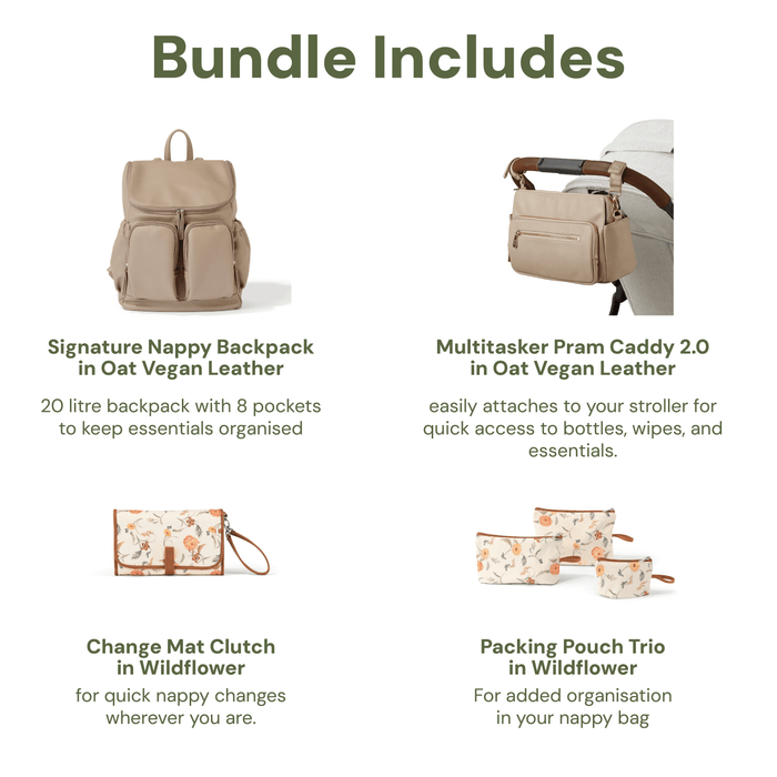 First Time Parent Nappy Bag Bundle - Oat & Wildflower (PRE-ORDER FOR MAY DELIVERY)
