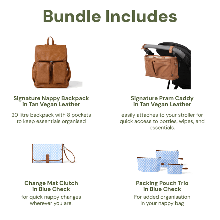 First Time Parent Nappy Bag Bundle - Tan & Blue Check