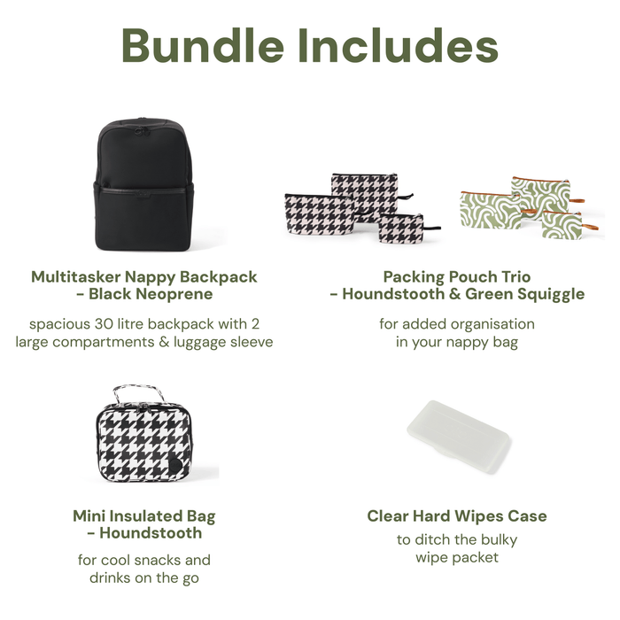 Baby & Toddler Nappy Bag Bundle – Black Neoprene, Houndstooth & Green Squiggle (PRE-ORDER FOR MAY DELIVERY)
