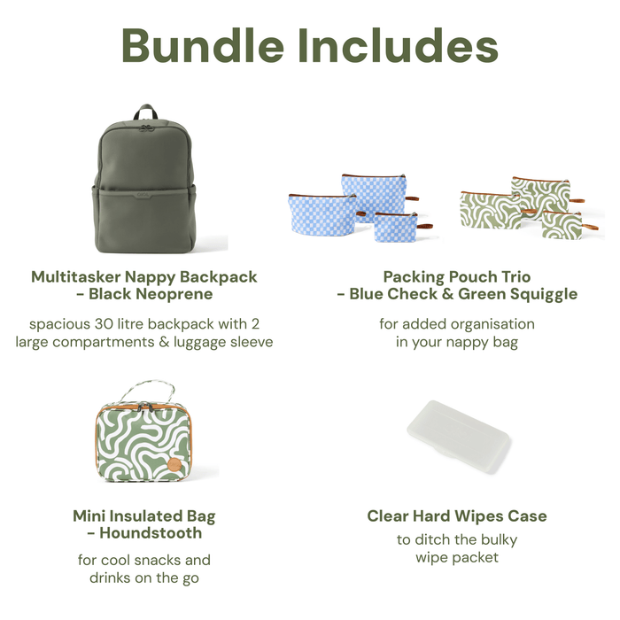 Baby & Toddler Nappy Bag Bundle – Sage Neoprene, Green Squiggle & Blue Check (PRE-ORDER FOR MAY DELIVERY)