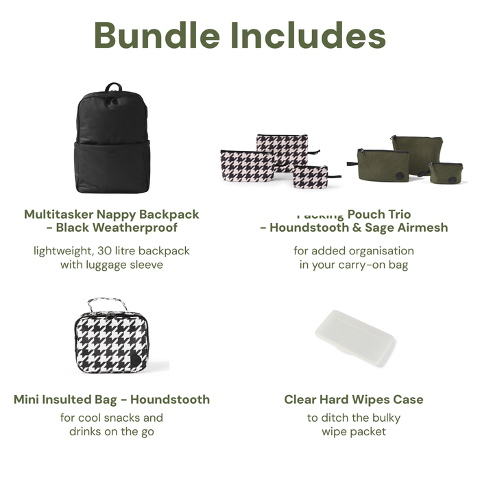 Baby & Toddler Nappy Bag Bundle – Weatherproof, Houndstooth & Sage Airmesh