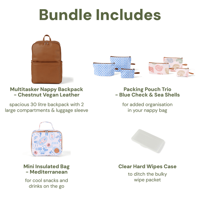 Baby & Toddler Nappy Bag Bundle – Chestnut, Seashells & Mediterranean (PRE-ORDER FOR MAY DELIVERY)