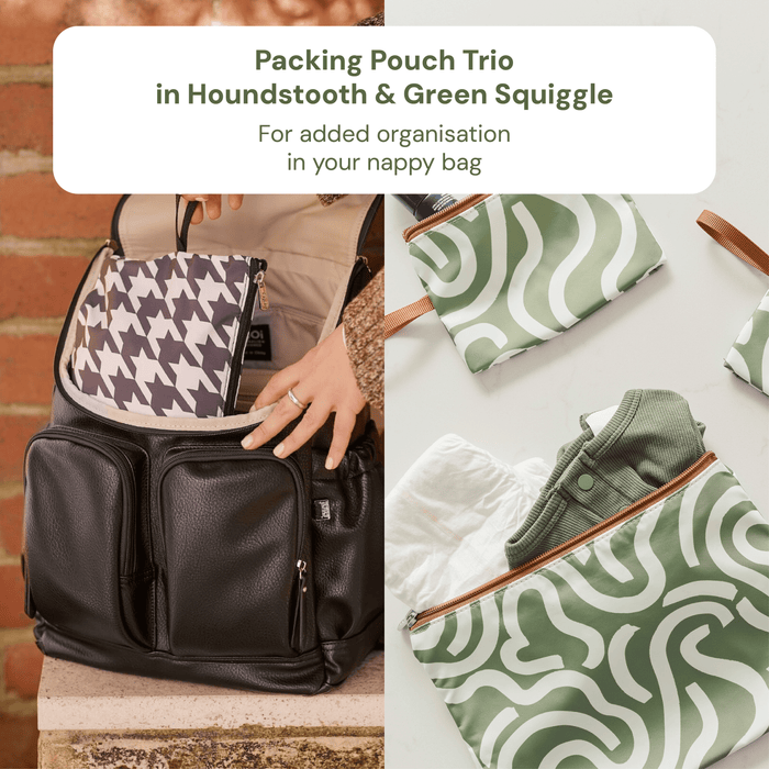 Baby & Toddler Nappy Bag Bundle – Black Neoprene, Houndstooth & Green Squiggle (PRE-ORDER FOR MAY DELIVERY)