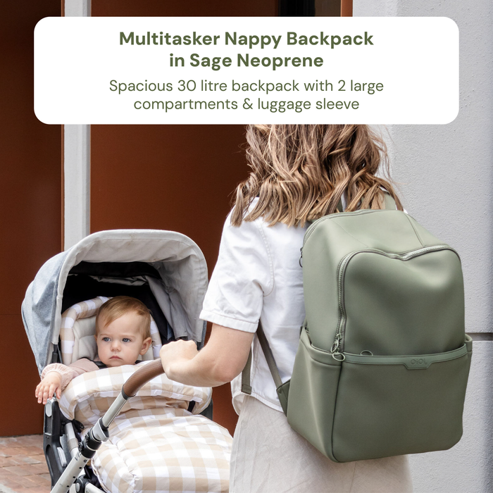 Baby & Toddler Nappy Bag Bundle – Sage Neoprene, Green Squiggle & Blue Check (PRE-ORDER FOR MAY DELIVERY)