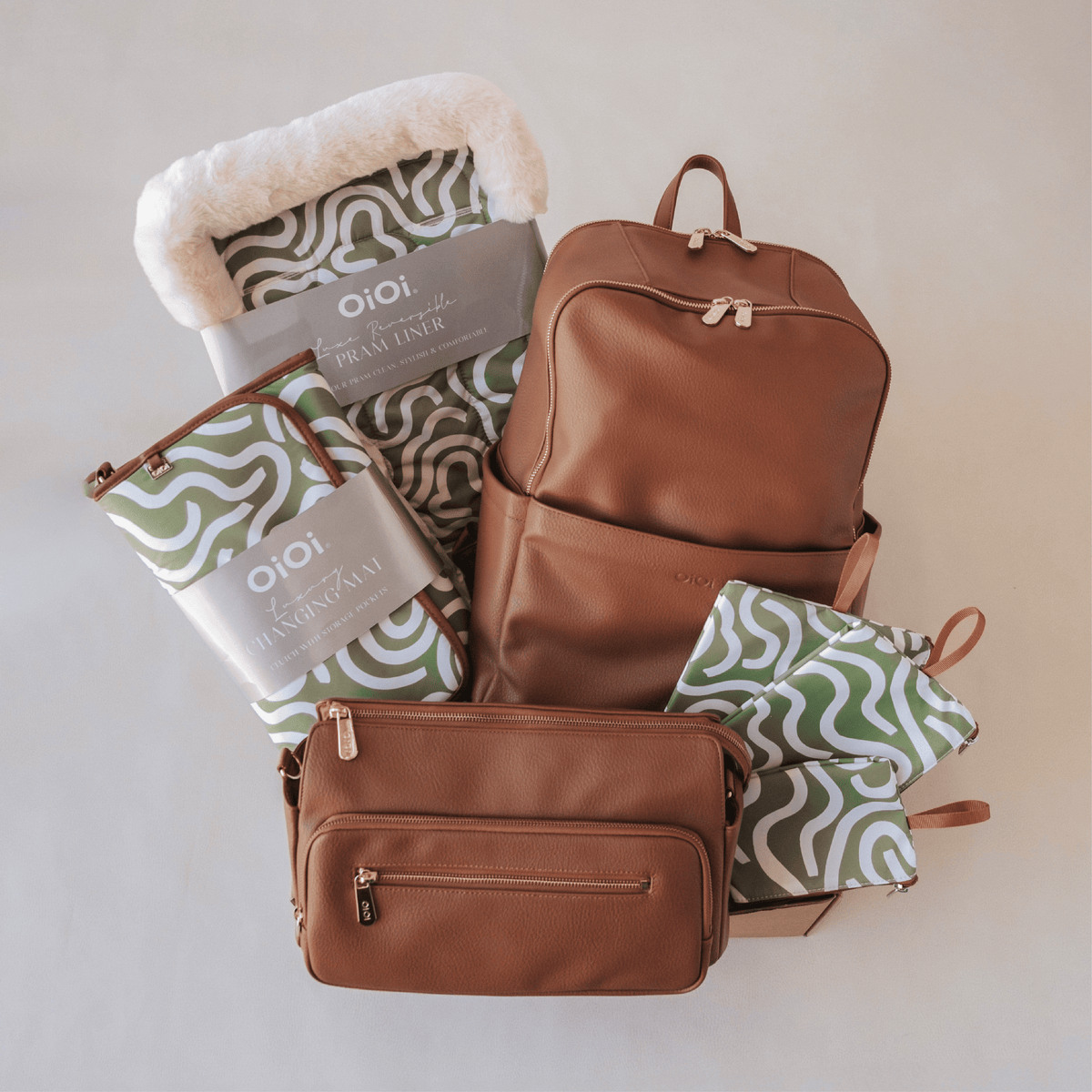 Multitasker Baby Bag Bundle - Chestnut & Green Squiggle — OiOi