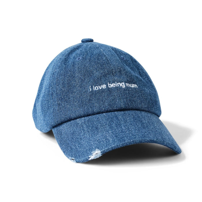 Blue denim cap with text on a white background