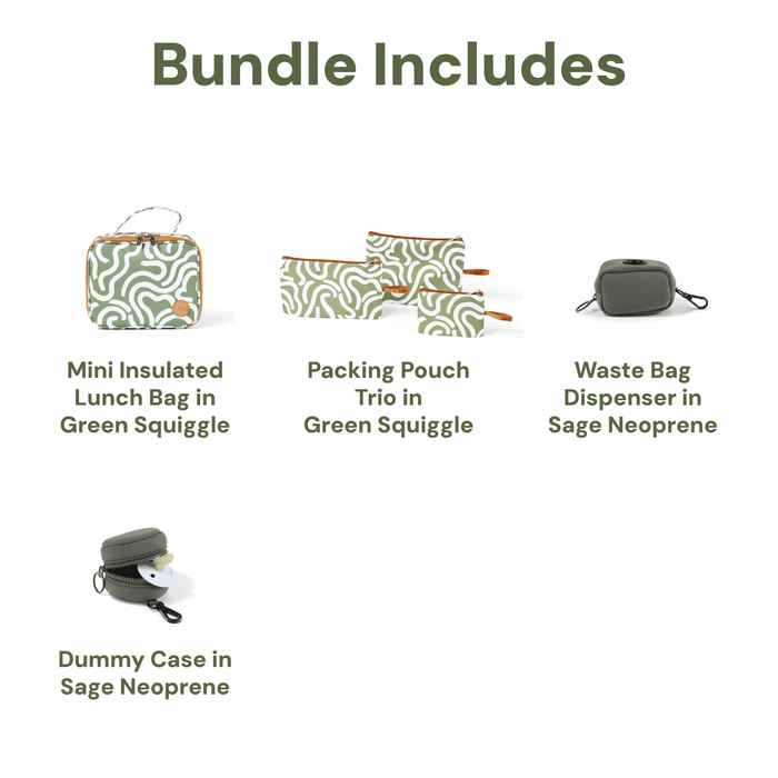 Nappy Bag Organisation Kit – Green Squiggle & Sage Neoprene