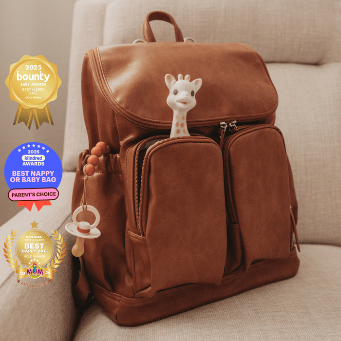 best fake leather diaperbag backpack Tan Faux Leather Nappy Backpack — OiOi