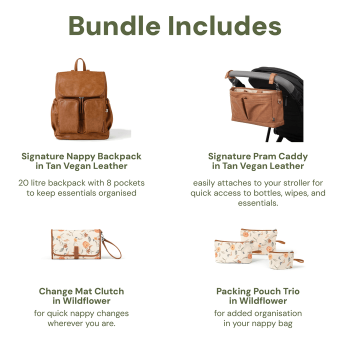 First Time Parent Nappy Bag Bundle - Tan & Wildflower (PRE-ORDER FOR MAY DELIVERY)