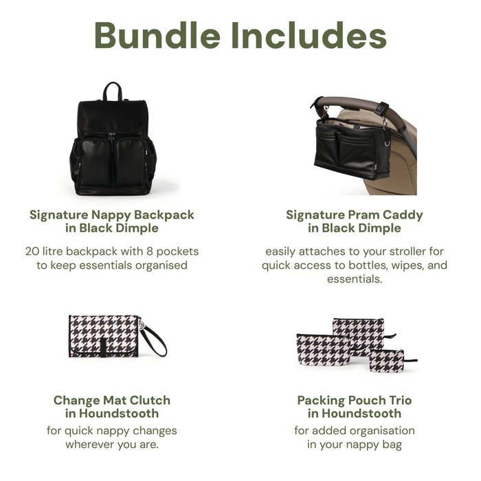 First Time Parent Nappy Bag Bundle - Black Dimple & Houndstooth