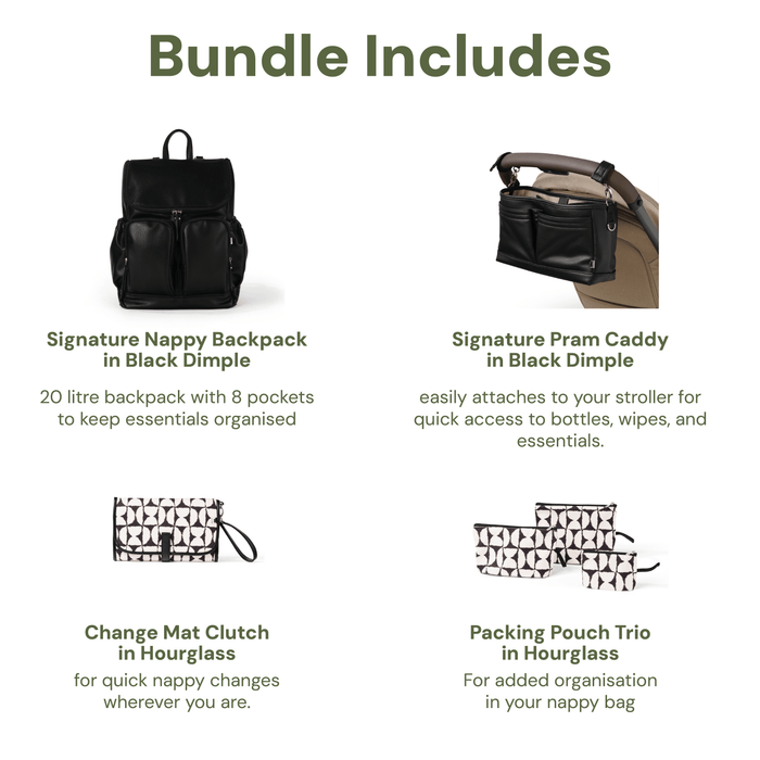 First Time Parent Nappy Bag Bundle - Black Dimple & Hourglass