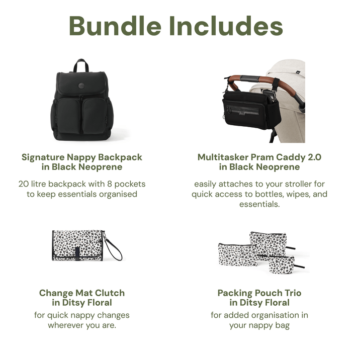 First Time Parent Nappy Bag Bundle - Black Neoprene & Ditsy Floral