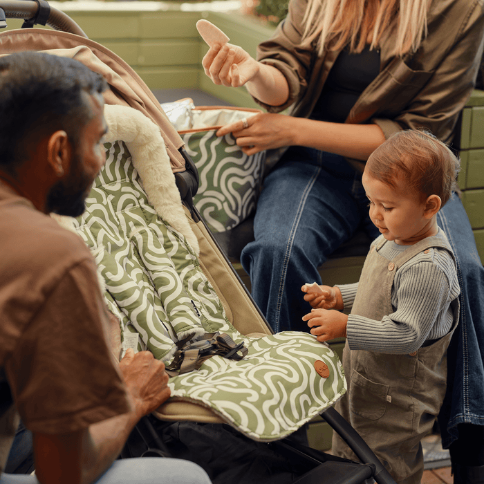 Reversible Pram Harness Cover Set - Green Squiggle/Faux Fur