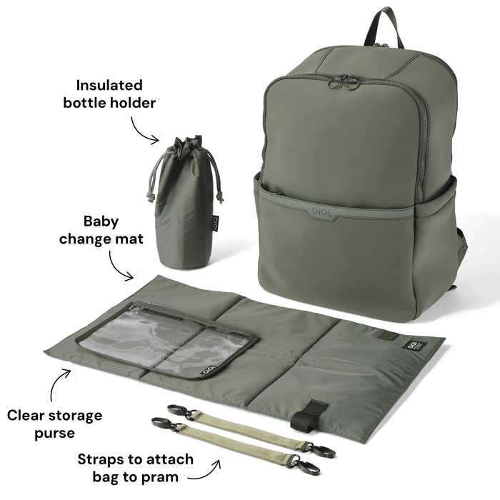 Baby & Toddler Nappy Bag Bundle – Sage Neoprene, Green Squiggle & Blue Check
