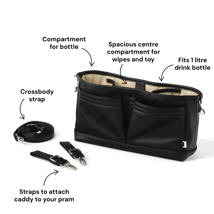 Signature Pram Caddy - Black Dimple Vegan Leather